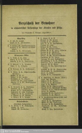 Häuserbuch : Verzeichniß der Bewohner in alphabetischer Reihenfolge der Straßen und Plätze