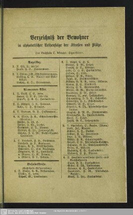 Häuserbuch : Verzeichniß der Bewohner in alphabetischer Reihenfolge der Straßen und Plätze