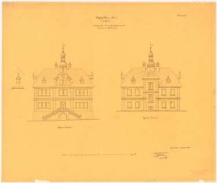 Schloss Klein-Skal bei Turnau Rentamtshaus, Wiederherstellung: Aufriss der Hauptfassade, Rückfassade, 1:100, Maßstabsleiste