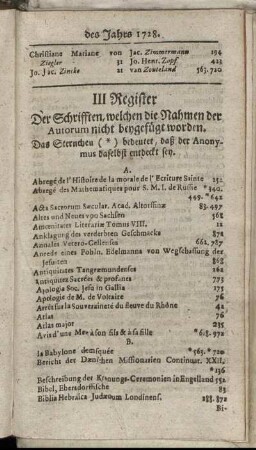 II. Register Der Schrifften, welchen die Nahmen der Autorum nicht beygefügt worden.