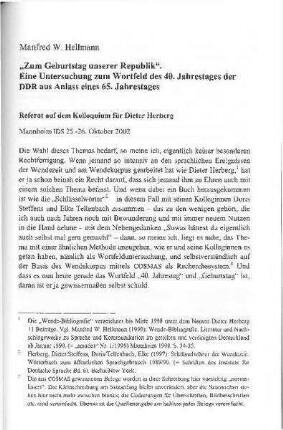 „Zum Geburtstag unserer Republik“ : eine Untersuchung zum Wortfeld des 40. Jahrestages der DDR aus Anlass eines 65. Jahrestages