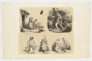 Skizzenblatt mit Abschied von Soldaten; Männerportrait; Mann im Wald; Wasserträger; Frau mit Korb und Glocken; Altes Paar", Blatt 13 der Folge "Fantaisies"