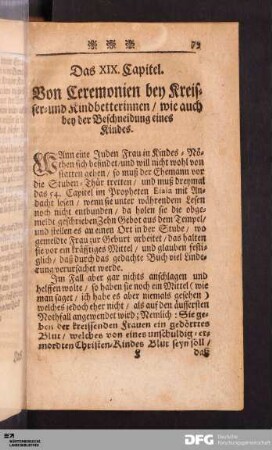 Das XIX. Capitel. Von Ceremonien bey Kreisser- und Kindbetterinnen [...].