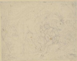 Zu Schillers "Pegasus im Joch", Blatt 1: Trauriger Dichter mit Laute und Pegasus in einer Landschaft