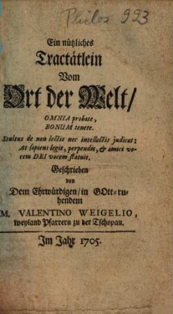 Ein nützliches Tractätlein Vom Ort der Welt