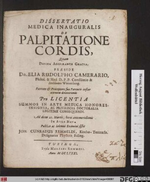 Dissertatio Medica Inauguralis De Palpatione Cordis