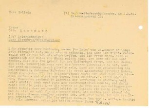 Korrespondenz von Hans Fallada an Otto Hartmann