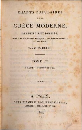 Chants populaires de la Grèce moderne, 1. Chants historiques