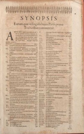 Synopsis Eorum, quae in singulis hujus Partis primae Tractatibus continentur.