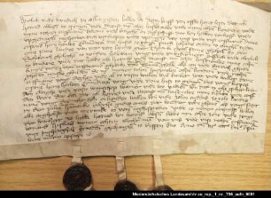Hoytad Abbisna in Jemgum verkauft der Kommende Jemgum Grundbesitz = OUB I, Nr. 667, S. 581 Anhängende Siegel 1 und 2 erhalten, 3 beschädigt erhalten