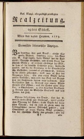 29tes Stück. Wien den 24ten Heumon. 1773.