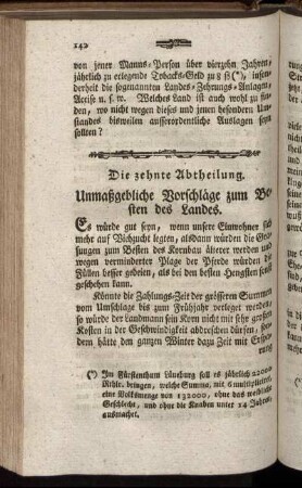 Die zehnte Abtheilung. Unmaßgebliche Vorschläge zum Besten des Landes.
