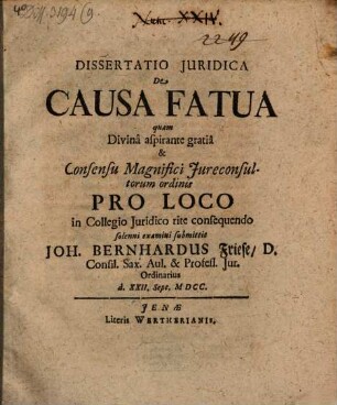 Dissertatio Iuridica De Causa Fatua