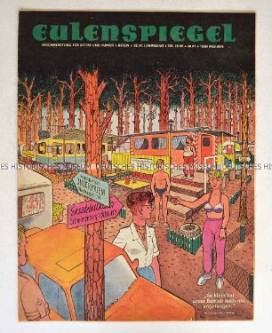 Satirezeitschrift "Eulenspiegel" mit Titel zum Sommeralltag auf einem DDR-Campingplatz unter Bäumen