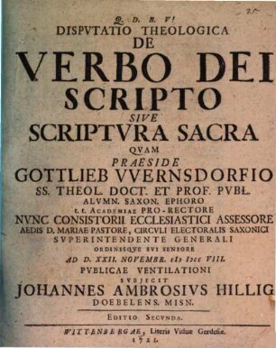 Disp. theol. de verbo Dei scripto, s. Scriptura sacra