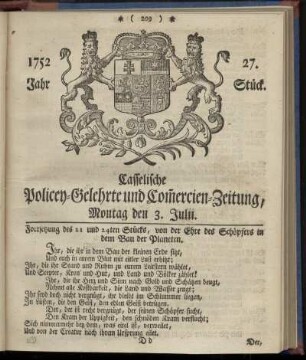 27. Stueck, Montag den 3. Julii 1752