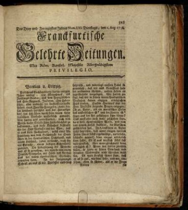 Num. LXI. Dienstags, den 1. Aug. 1758. - Num. LXX. Freytags, den 1. Sept. 1758.