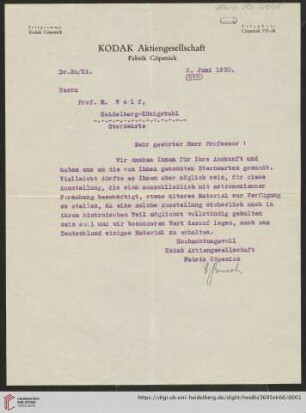 Brief von Kodak-Aktiengesellschaft (Berlin) an Max Wolf