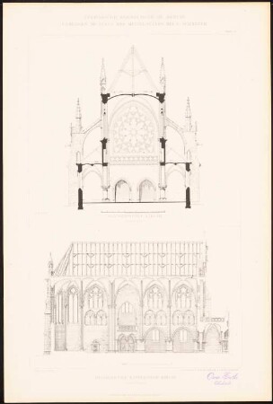 Dreischiffige Katholische Kirche: Ansicht Längsseite (aus: C. Schäfer, Die Bauhütte, Entwürfe im Stile des Mittelalters, 3. Bd., 1895, Blatt 29)