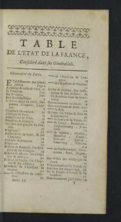 Table de l'etat de la France