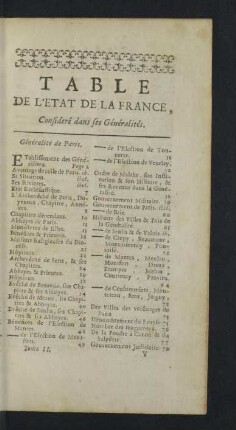 Table de l'etat de la France