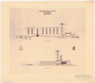Wochenend-Hotel und Strandbad: Wochenend-Hotel: Nord- und Westansicht 1:200