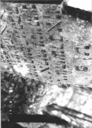 Grabstein 316 (Index: 99799793) Material: Sandstein Zustand: verwittert Maße HxBxT: 90x56x7 cm Beschreibung: Stele, eingezogener Rundbogenabschluß: Grabstein 316 (Detailaufnahme 2)