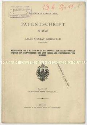 Patentschrift eines Apparates zum selbsttätigen Speisen von Dampfkesseln und zum Heben und Fortdrücken von Wasser, Patent-Nr. 4653