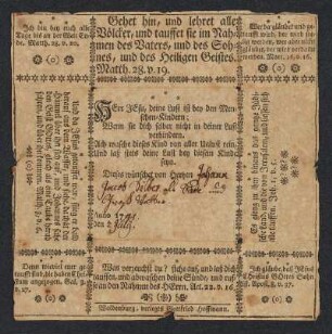[Taufbrief, gewidmet von] ... Hertzen Johann Jacob Silber, als Bade und Groß Vather, Anno 1741, den 2 July ... aufgeklappt