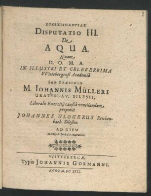 Stoicheiologias Disputatio III. De Aqua