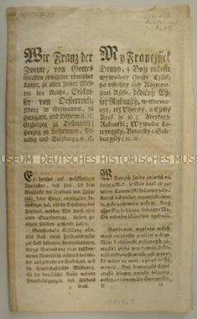 Verordnung von Franz II. Kaiser des Heiligen Römischen Reiches über Finanznöte und die Verpflegung der Armee
