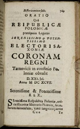 Oratio Quâ Reipublicæ Polonicæ præcipuus Legatus ...