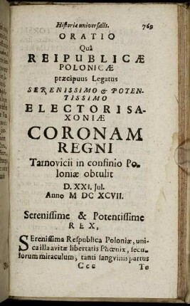 Oratio Quâ Reipublicæ Polonicæ præcipuus Legatus ...