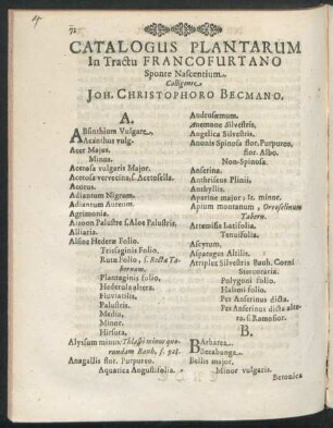 Catalogus Plantarum In Tractu Francofurtano Sponte Nascentium. Colligente Joh. Christophoro Becmano.