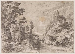 Flusslandschaft in Kampanien mit Stadt auf Felsen