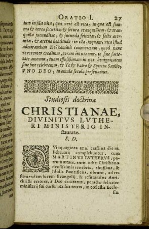 [Oratio Secunda.] Studiosis doctrinæ Christianae, Divinitus Lutheri Ministerio Instauratæ.