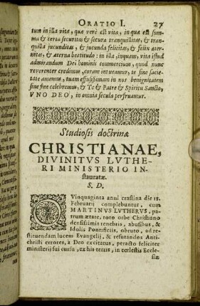 [Oratio Secunda.] Studiosis doctrinæ Christianae, Divinitus Lutheri Ministerio Instauratæ.