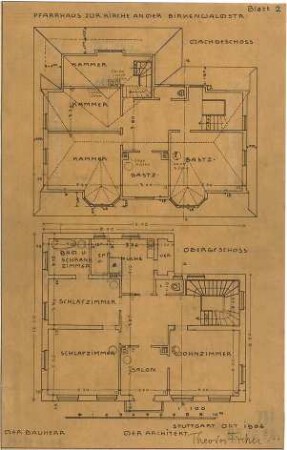 Fischer, Theodor; Stuttgart; Erlöserkirche - Grundriss DG, Grundriss OG