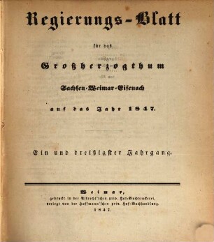 Regierungsblatt für Sachsen-Weimar-Eisenach : auf das Jahr .... 1847 = Jg. 31