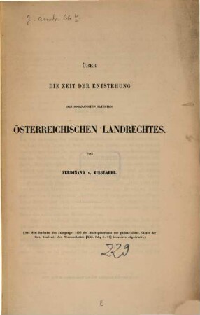 Über die Zeit der Entstehung des sogenannten ältesten österreichischen Landrechtes