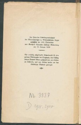 Zur Feier der Arbeitsgemeinschaft der Braunschweiger u. Wolfenbütteler Logen anläßlich der 200. Wiederkehr von Gottholf Ephraim Lessings Geburtstag am 16. Januar 1929