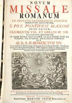 Novum Missale Romanum : ex decreto sacrosancti Concilii Tridentini restitutum, S. Pii V. Pontificis Maximi iussu editum ...