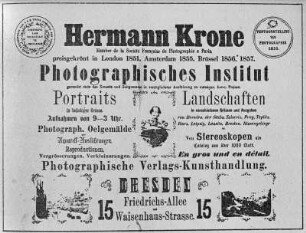 Werbeplakat für das Photographische Institut von Hermann Krone, 1858. Reproduktion aus: Stenger, Erich: Siegeszug der Photographie, Seebrück am Chiemsee 1950, S. 183