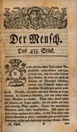 Der Mensch : eine moralische Wochenschrift. 12, 12. 1756