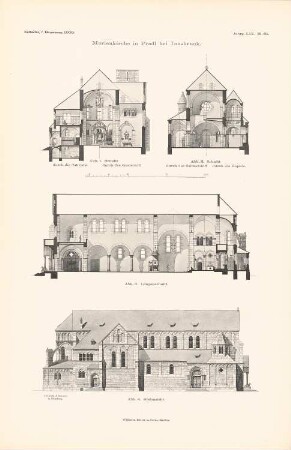 Marienkirche, Innsbruck-Pradl: Ansicht von Süden, Schnitt durch Querschiff und Seitenschiff, Längsschnitt (aus: Atlas zur Zeitschrift für Bauwesen, hrsg. v. Ministerium der öffentlichen Arbeiten, Jg. 59, 1909)