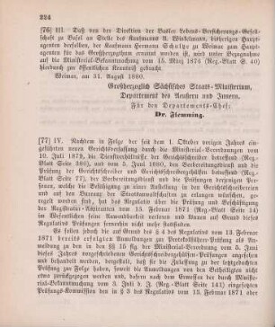 76. Ministerial-Bekanntmachung, den Wechsel in der Hauptagentur der Basler Lebens-Versicherungs-Gesellschaft betreffend