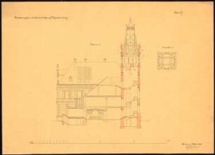 Herrenhaus, Gießmannsdorf Umbau und Erweiterung: Diagonalschnitt, Grundriss Turm, Maßstabsleiste (Meter)