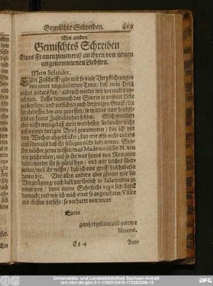 Ein ander Gemischtes Schreiben Eines Frauenzimmers, an ihren von neuen angenommen Liebsten.