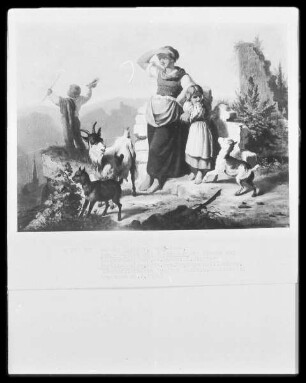 Junge Mutter mit zwei Kindern und Tieren auf Bergeshöhe