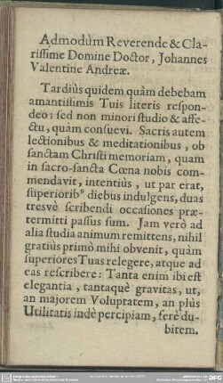 Admodum Reverende & Clarissimi Domine Doctor, Johannes Valentine Andreae
